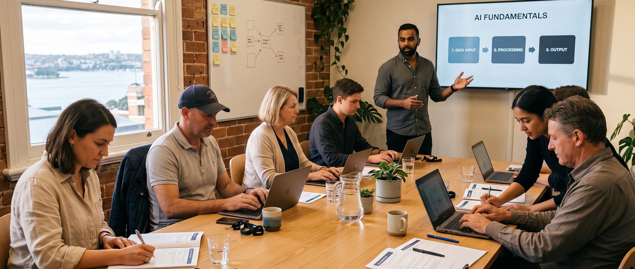 Eight people working on laptops around a boardroom table while a facilitator talks through an AI fundamentals diagram on a wall screen.