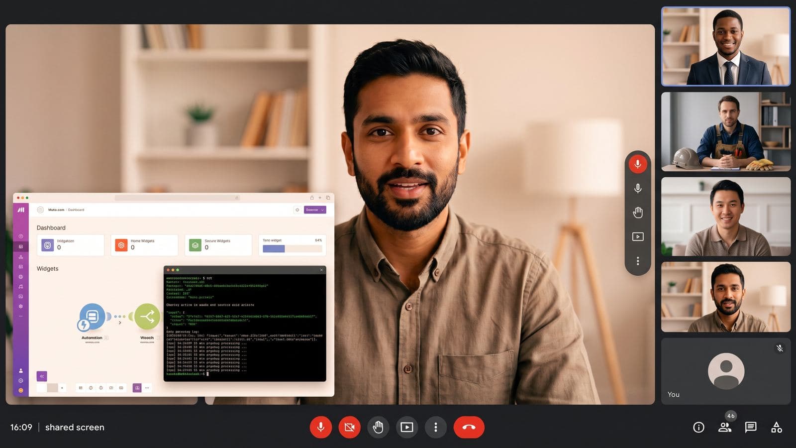 A video call in which one person shares their screen, showing an automation dashboard beside a terminal, with five other participants in the sidebar.
